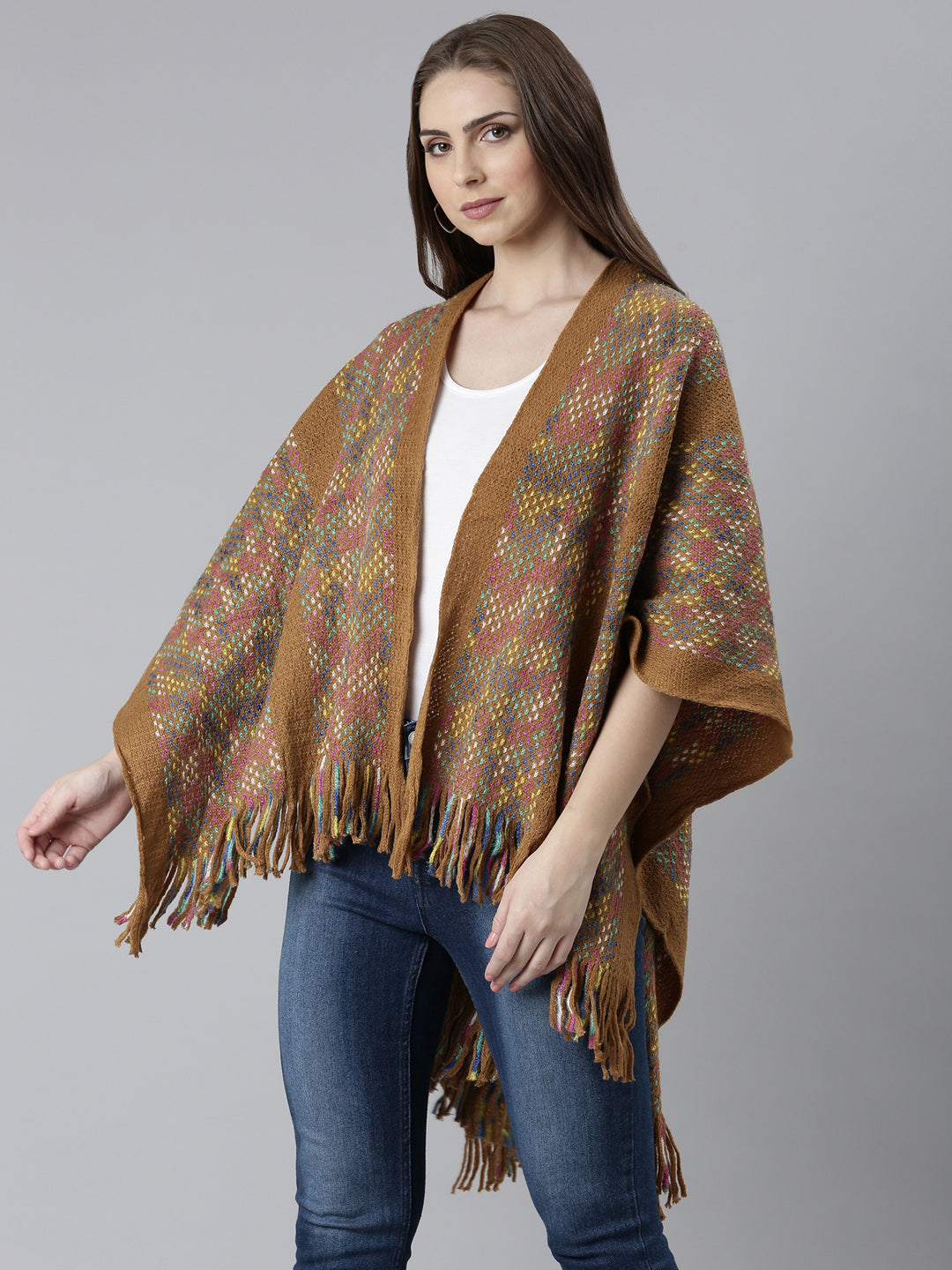 Women Mustard Self Design Poncho