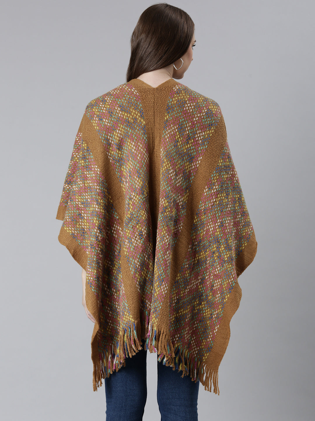 Women Mustard Self Design Poncho