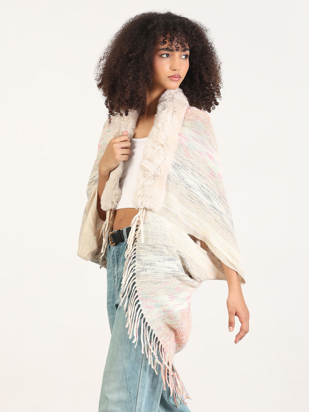 Women's Solid Cream Fringed Edge Poncho