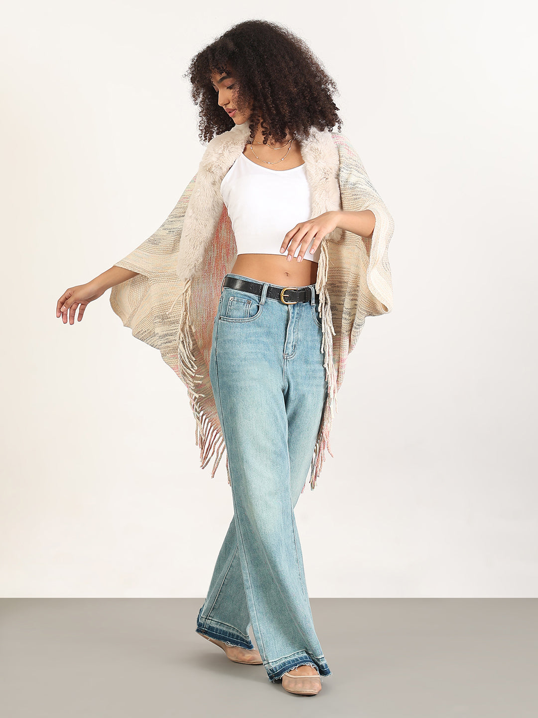 Women's Solid Cream Fringed Edge Poncho