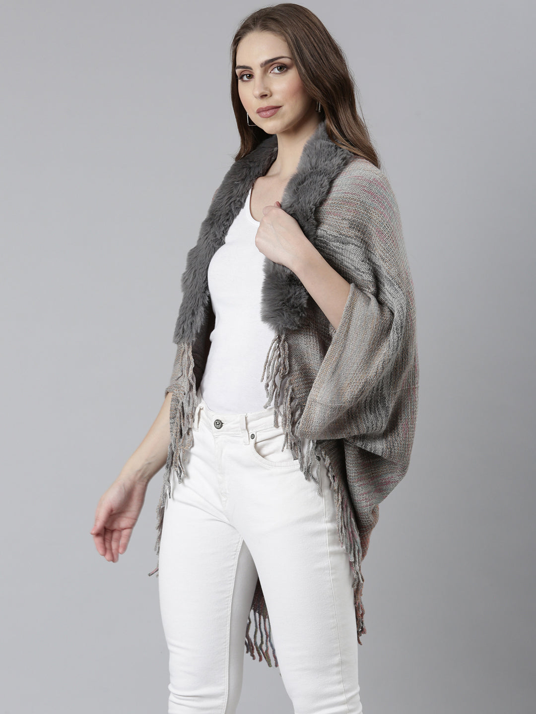 Women's Grey Speckled Fringed Detail Poncho