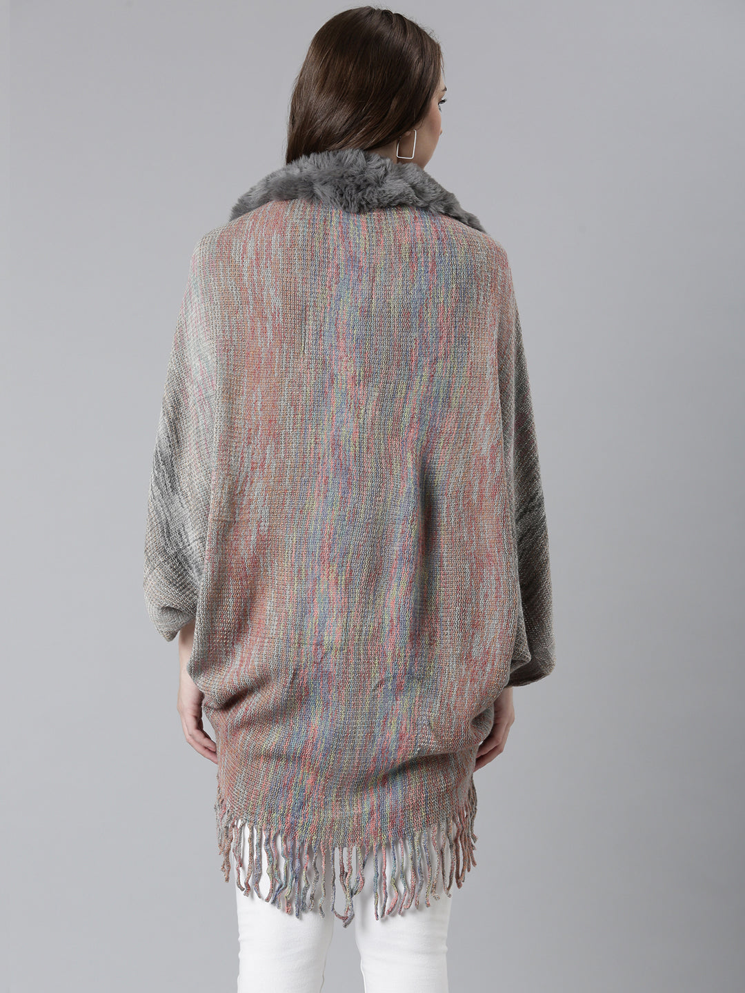 Women's Grey Speckled Fringed Detail Poncho