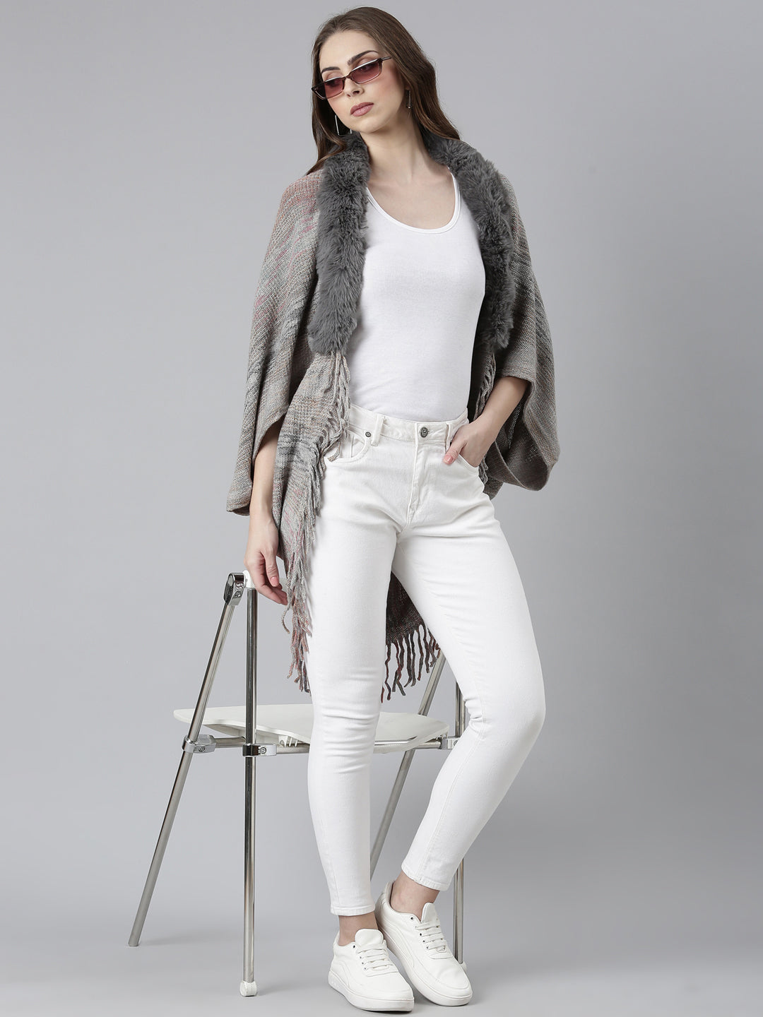 Women's Grey Speckled Fringed Detail Poncho