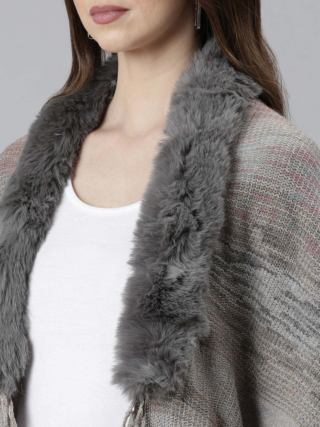 Women's Grey Speckled Fringed Detail Poncho