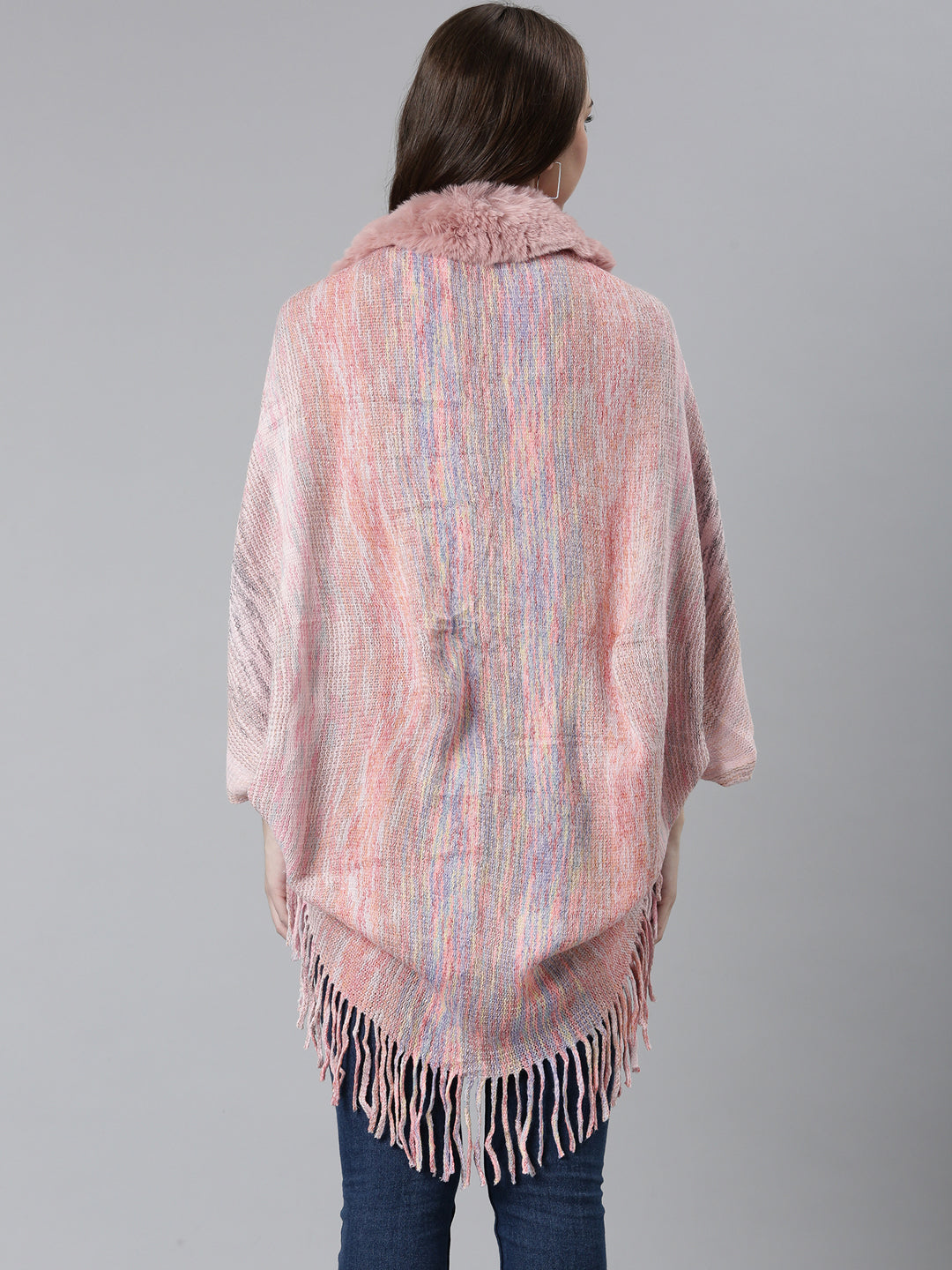 Women Peach Self Design Poncho