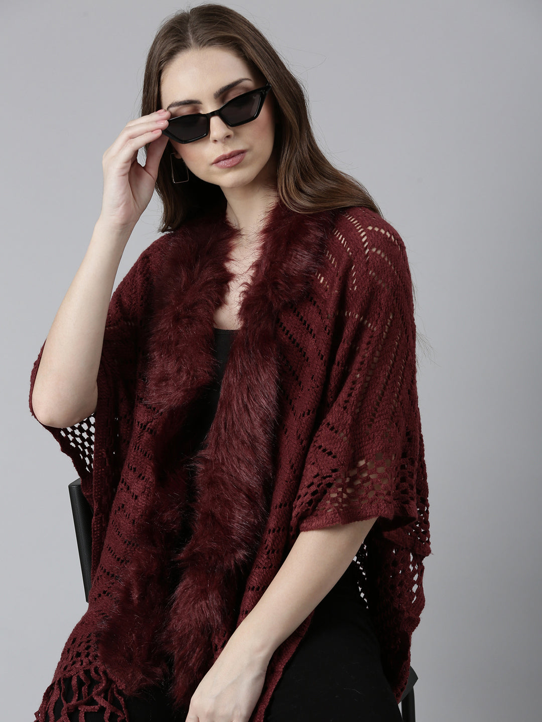 Women Maroon Self Design Poncho