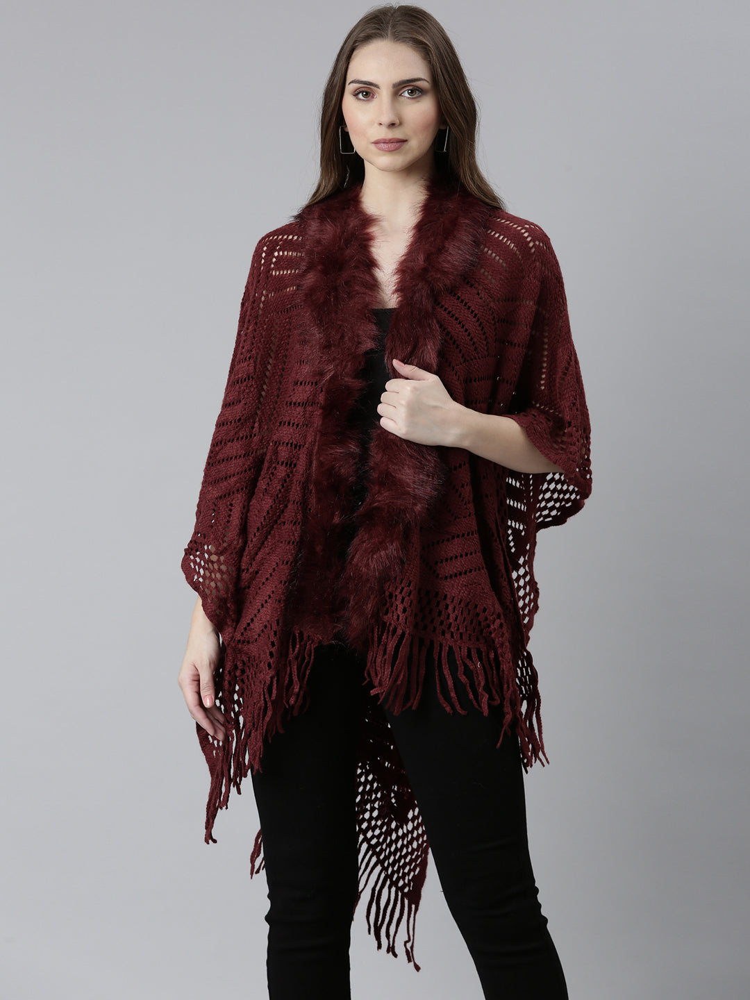 Women Maroon Self Design Poncho