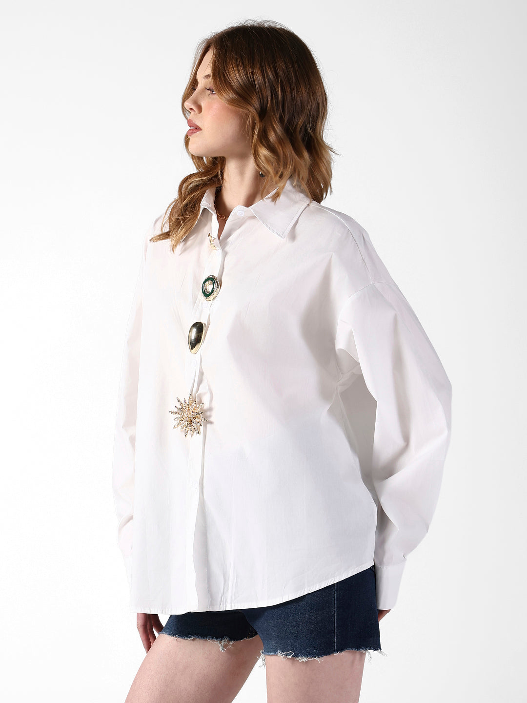 Women's White Shirt with Embellished Button