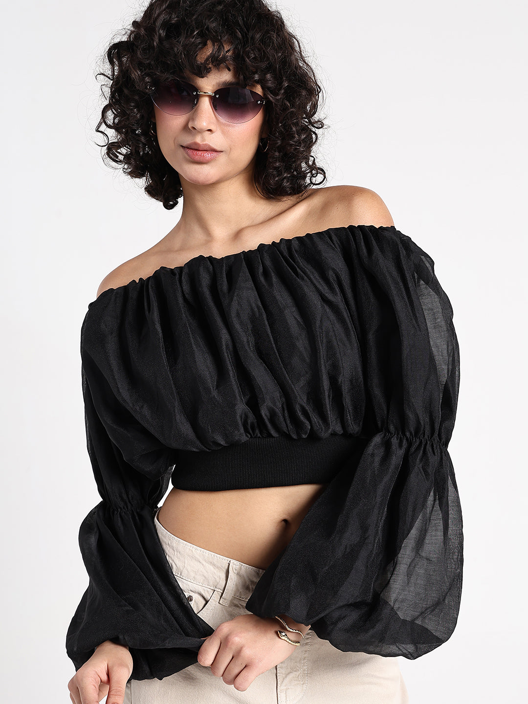 Women's Black Off-Shoulder Blouson Sleeve Crop Top