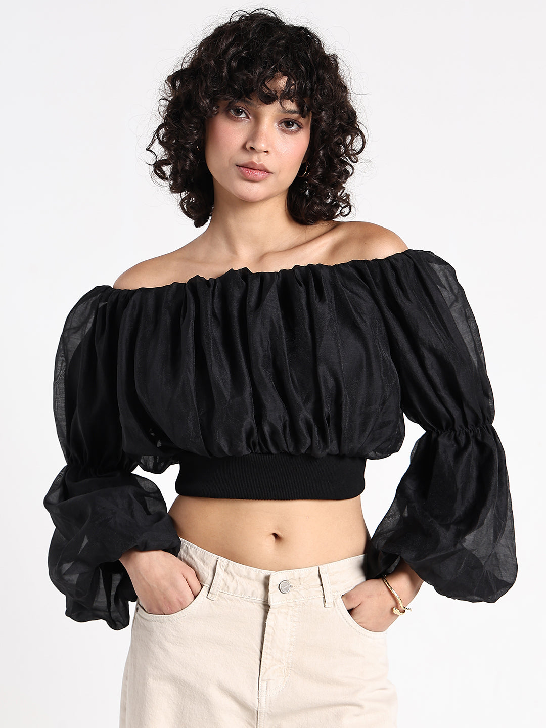 Women's Black Off-Shoulder Blouson Sleeve Crop Top