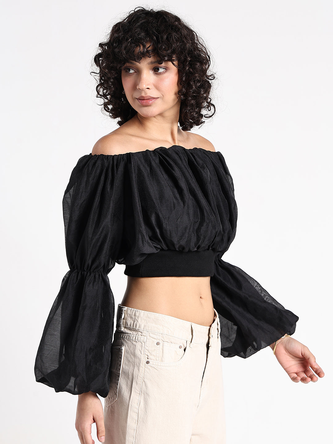 Women's Black Off-Shoulder Blouson Sleeve Crop Top