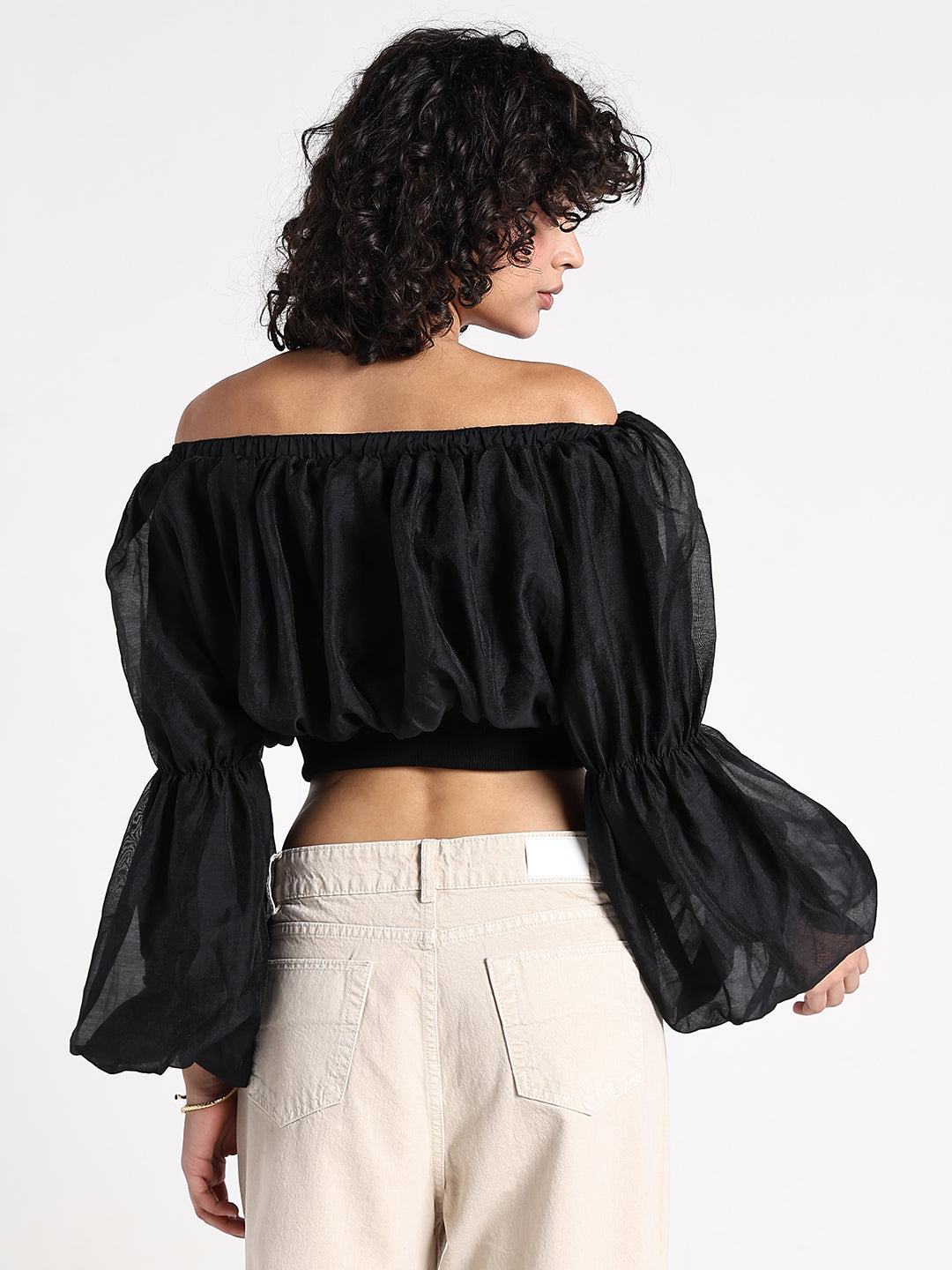 Women's Black Off-Shoulder Blouson Sleeve Crop Top