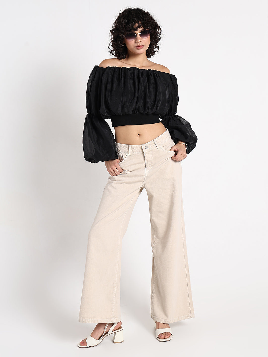 Women's Black Off-Shoulder Blouson Sleeve Crop Top