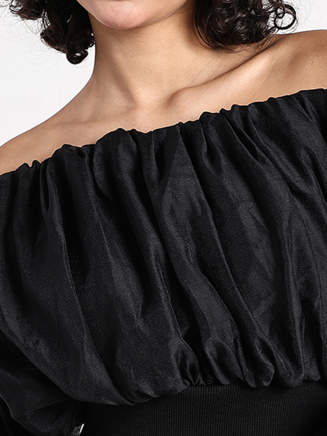Women's Black Off-Shoulder Blouson Sleeve Crop Top