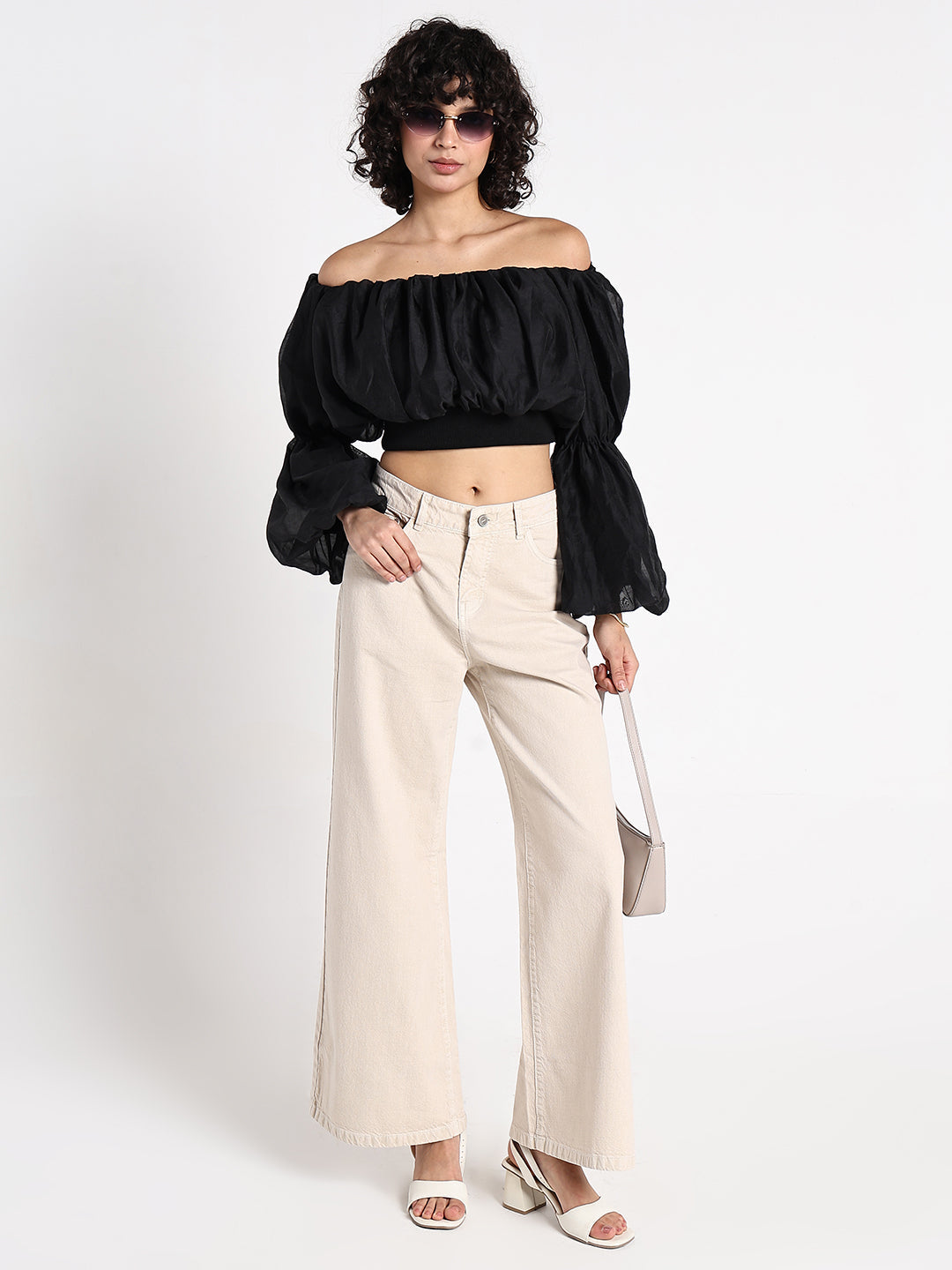 Women's Black Off-Shoulder Blouson Sleeve Crop Top