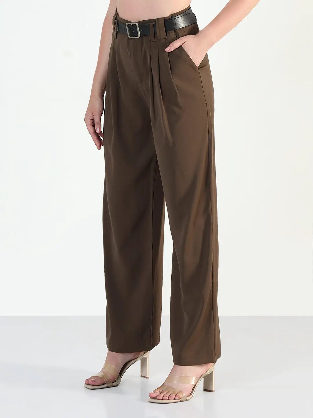 Women's Brown Straight Fit Trousers with Belt - from SHOWOFFFF