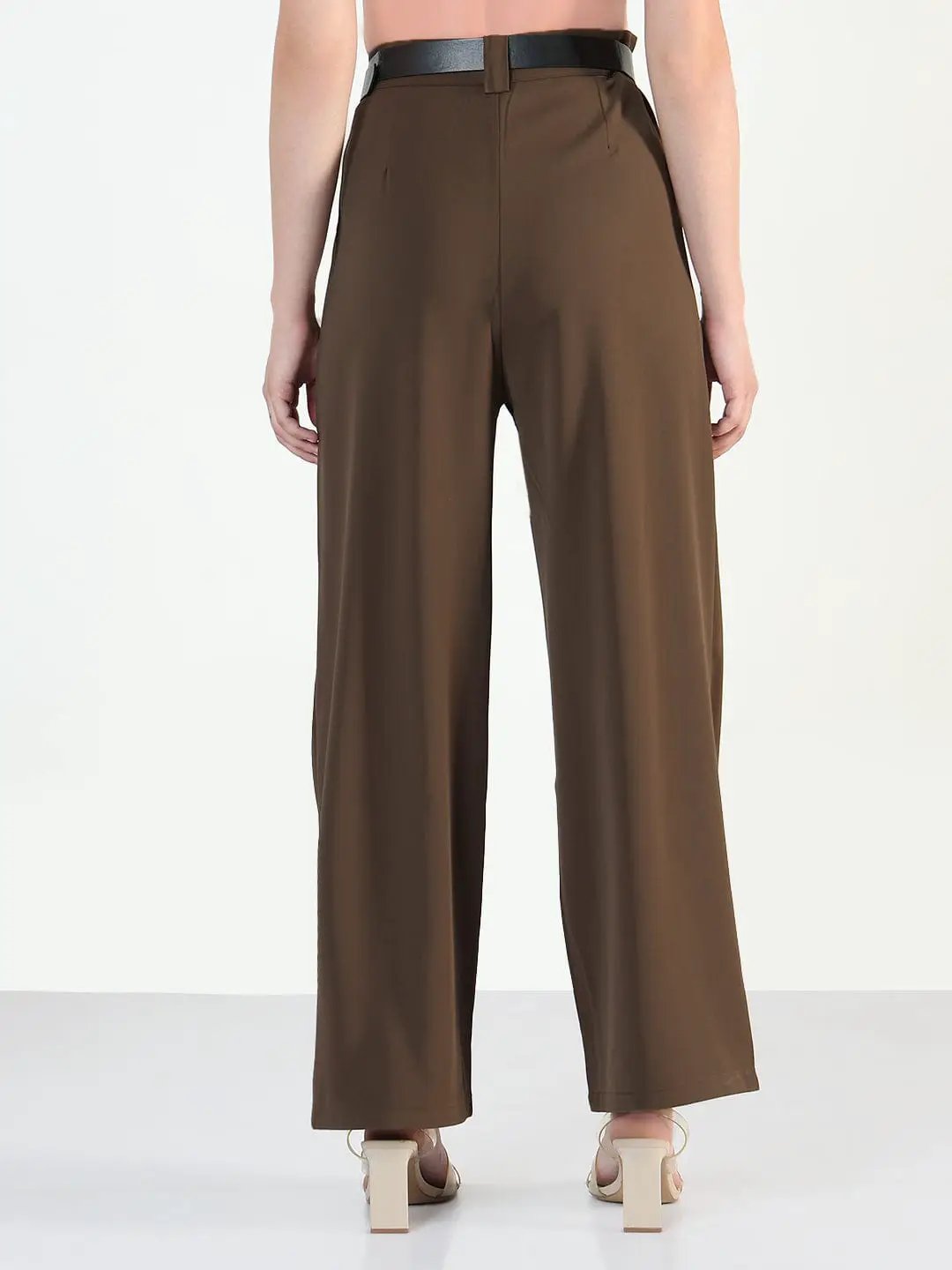 Women's Brown Straight Fit Trousers with Belt - from SHOWOFFFF