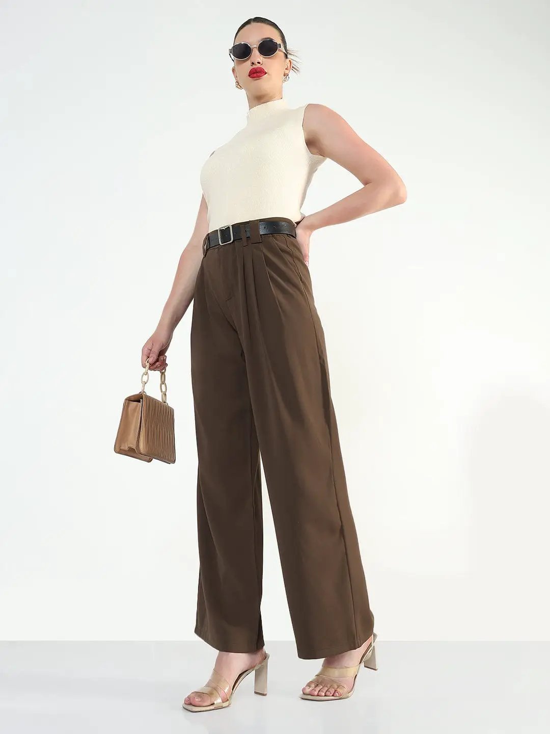 Women's Brown Straight Fit Trousers with Belt - from SHOWOFFFF