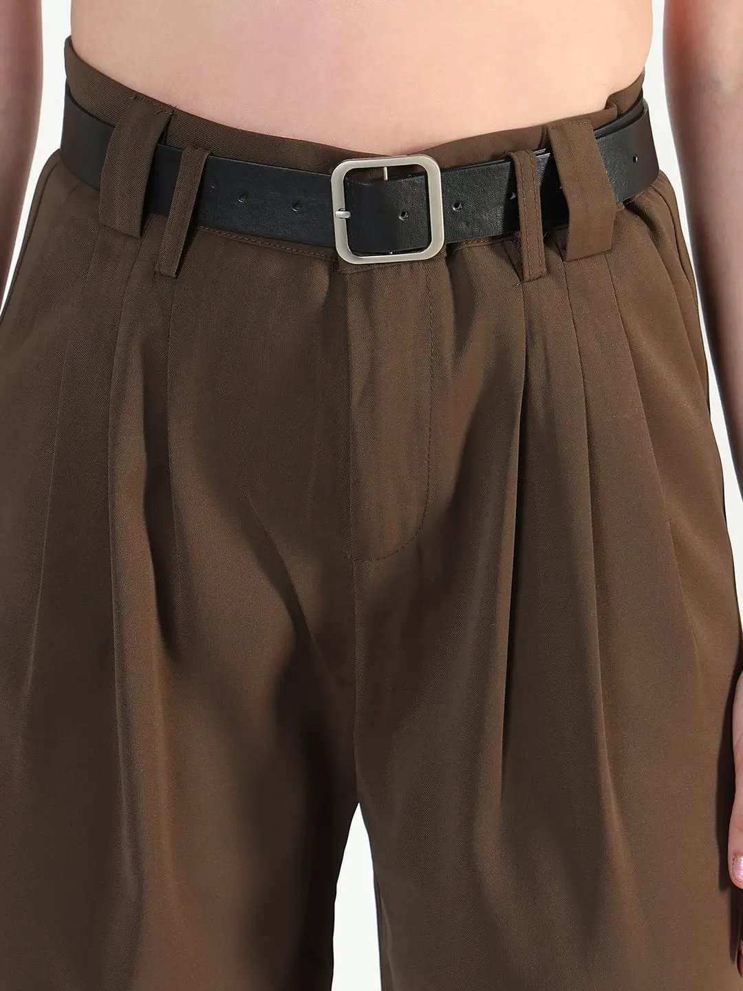 Women's Brown Straight Fit Trousers with Belt - from SHOWOFFFF