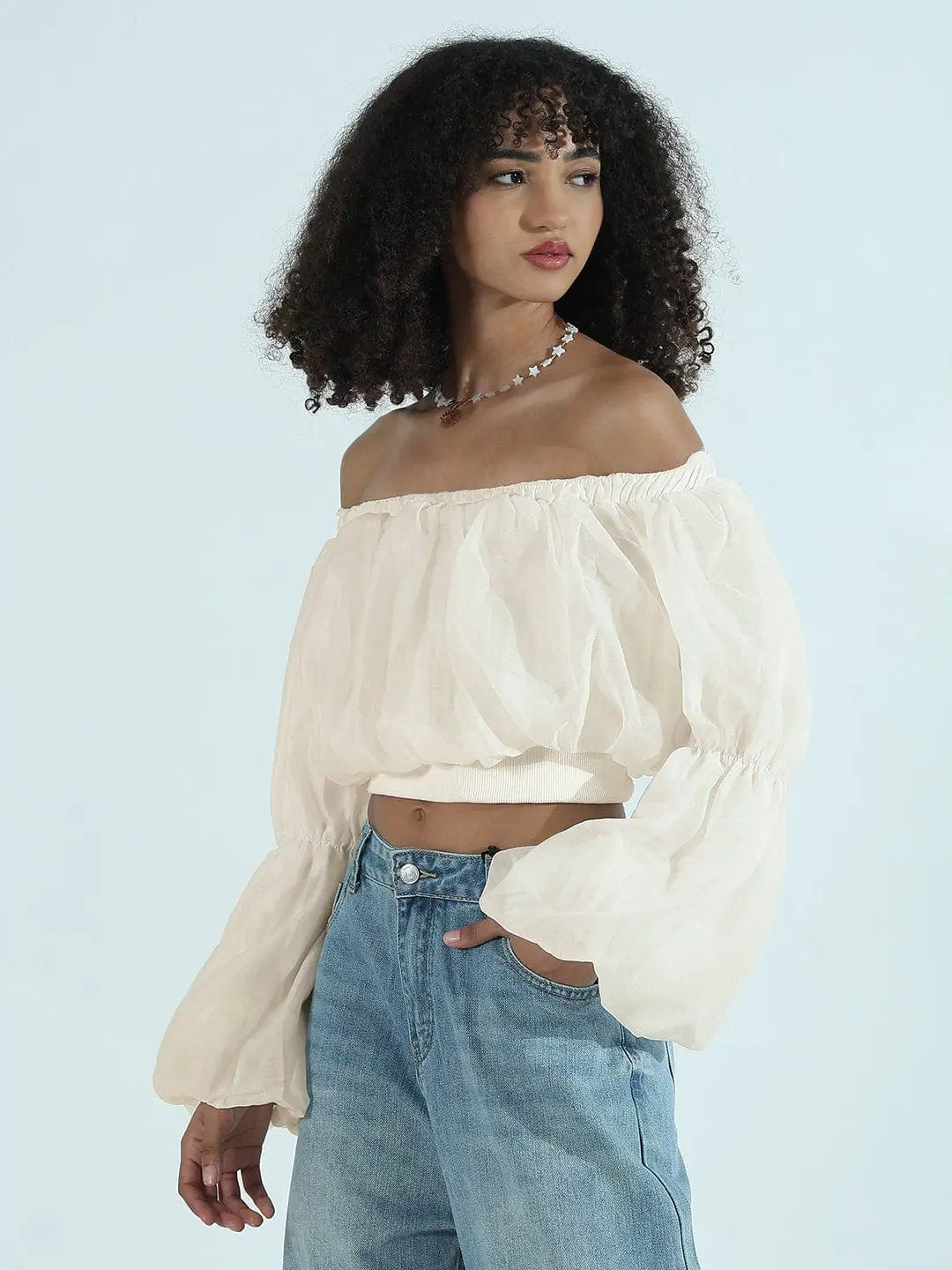Women's Cream Off-Shoulder Balloon Crop Top - from SHOWOFFFF