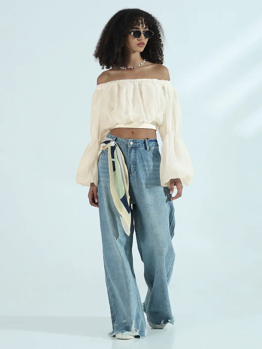 Women's Cream Off-Shoulder Balloon Crop Top - from SHOWOFFFF