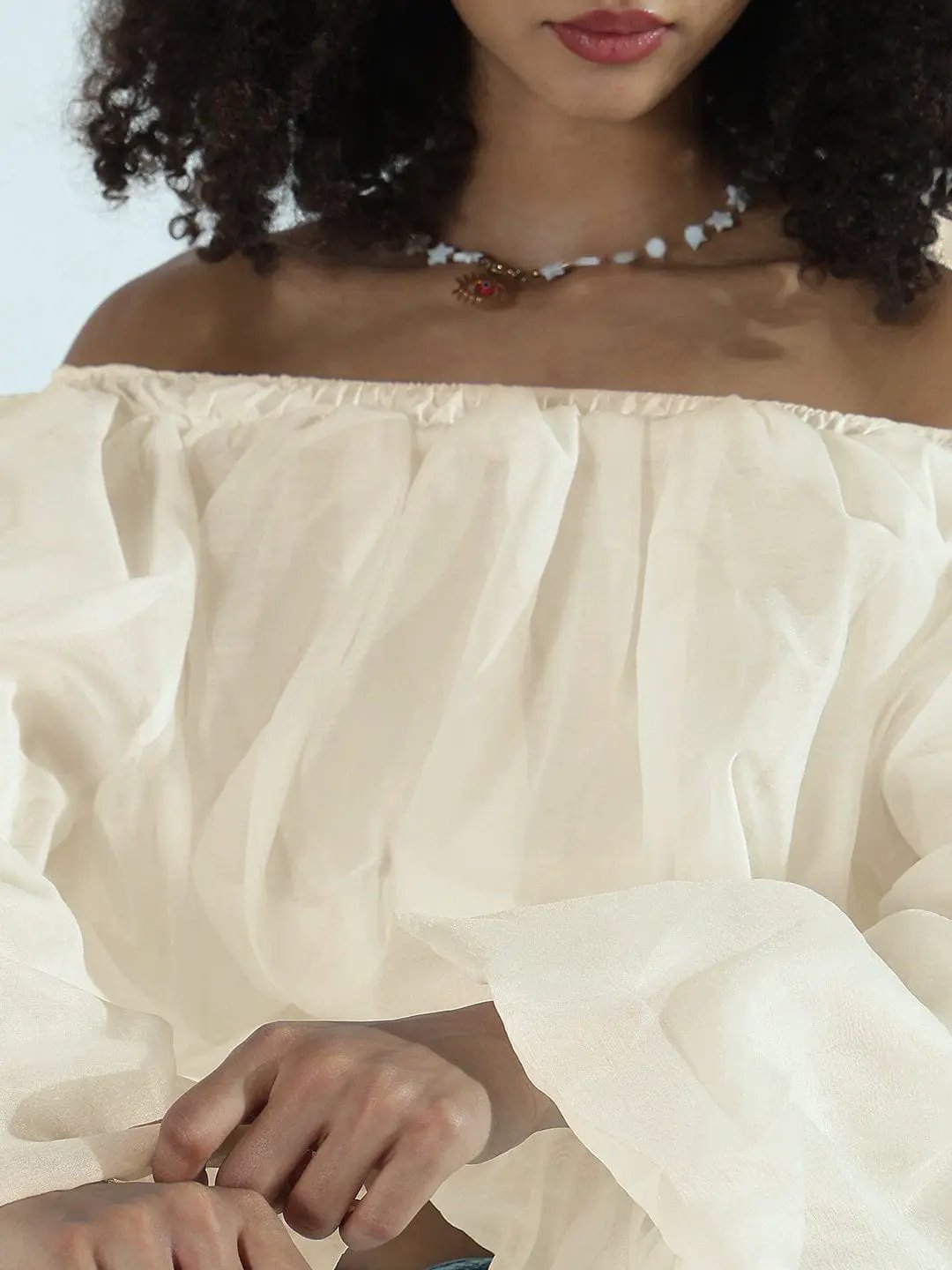 Women's Cream Off-Shoulder Balloon Crop Top - from SHOWOFFFF