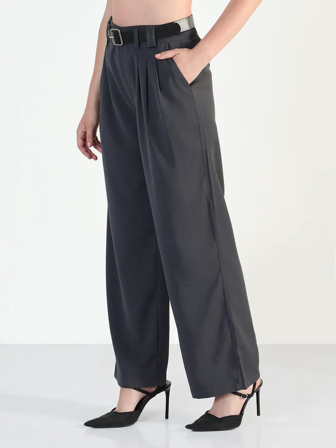 Women's Grey Straight Fit Trousers with Belt - from SHOWOFFFF