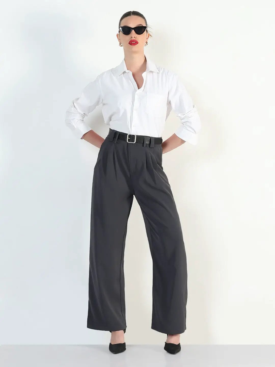 Women's Grey Straight Fit Trousers with Belt - from SHOWOFFFF