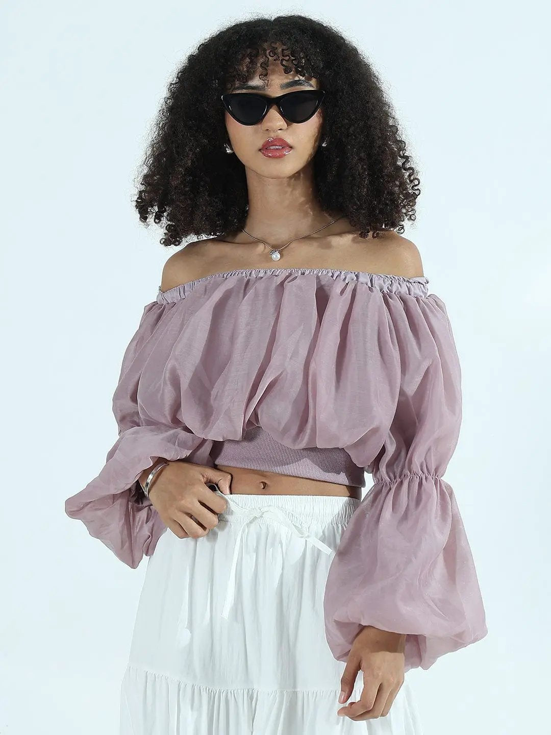 Women's Mauve Off-Shoulder Balloon Crop Top - from SHOWOFFFF
