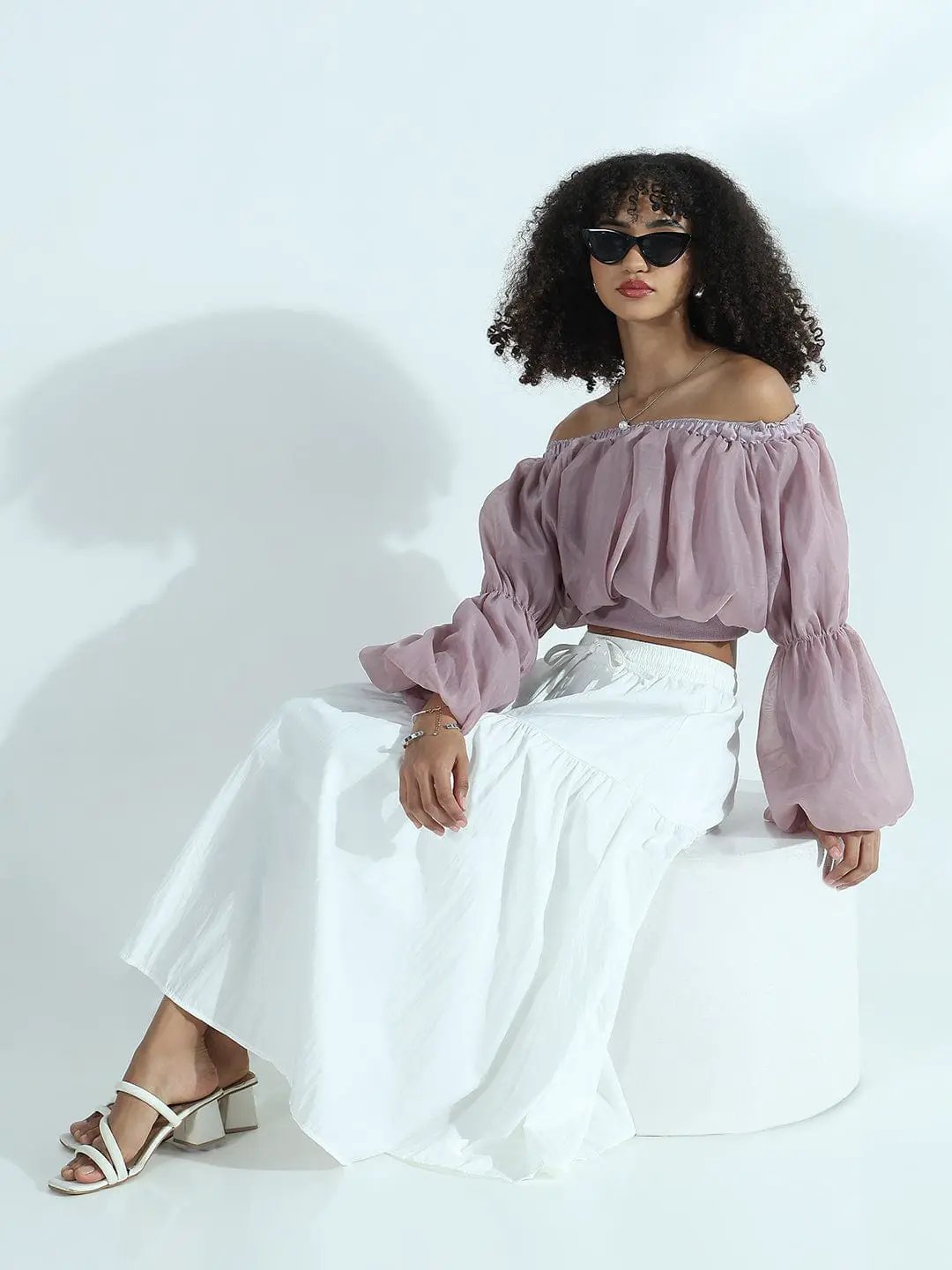 Women's Mauve Off-Shoulder Balloon Crop Top - from SHOWOFFFF