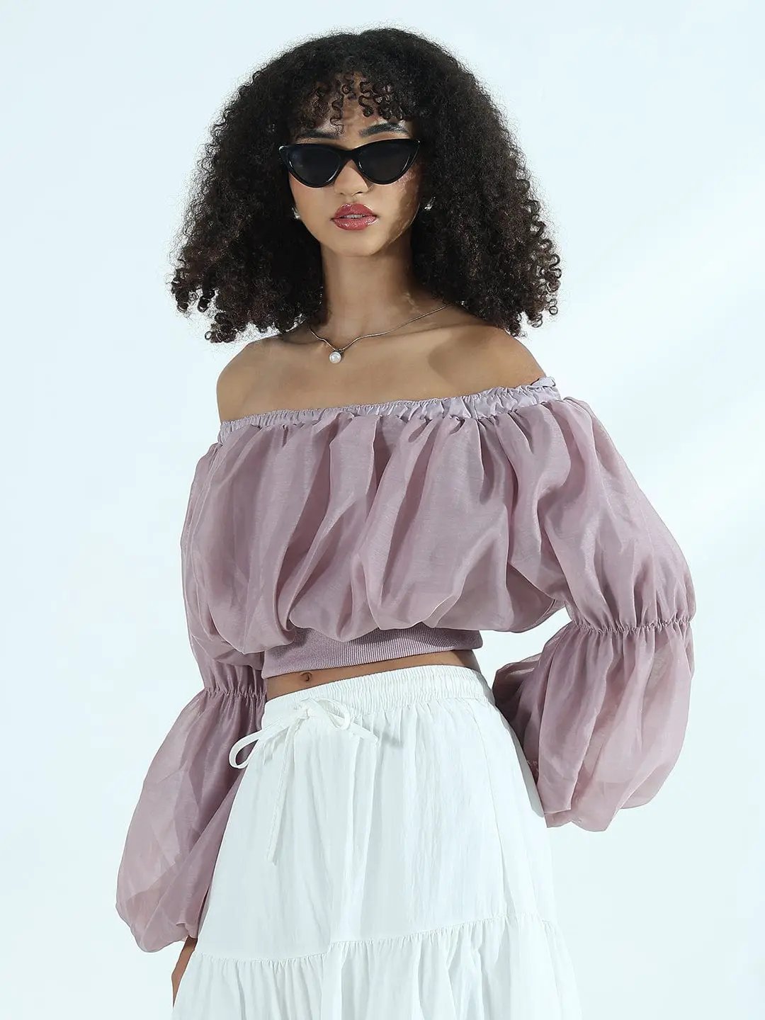 Women's Mauve Off-Shoulder Balloon Crop Top - from SHOWOFFFF