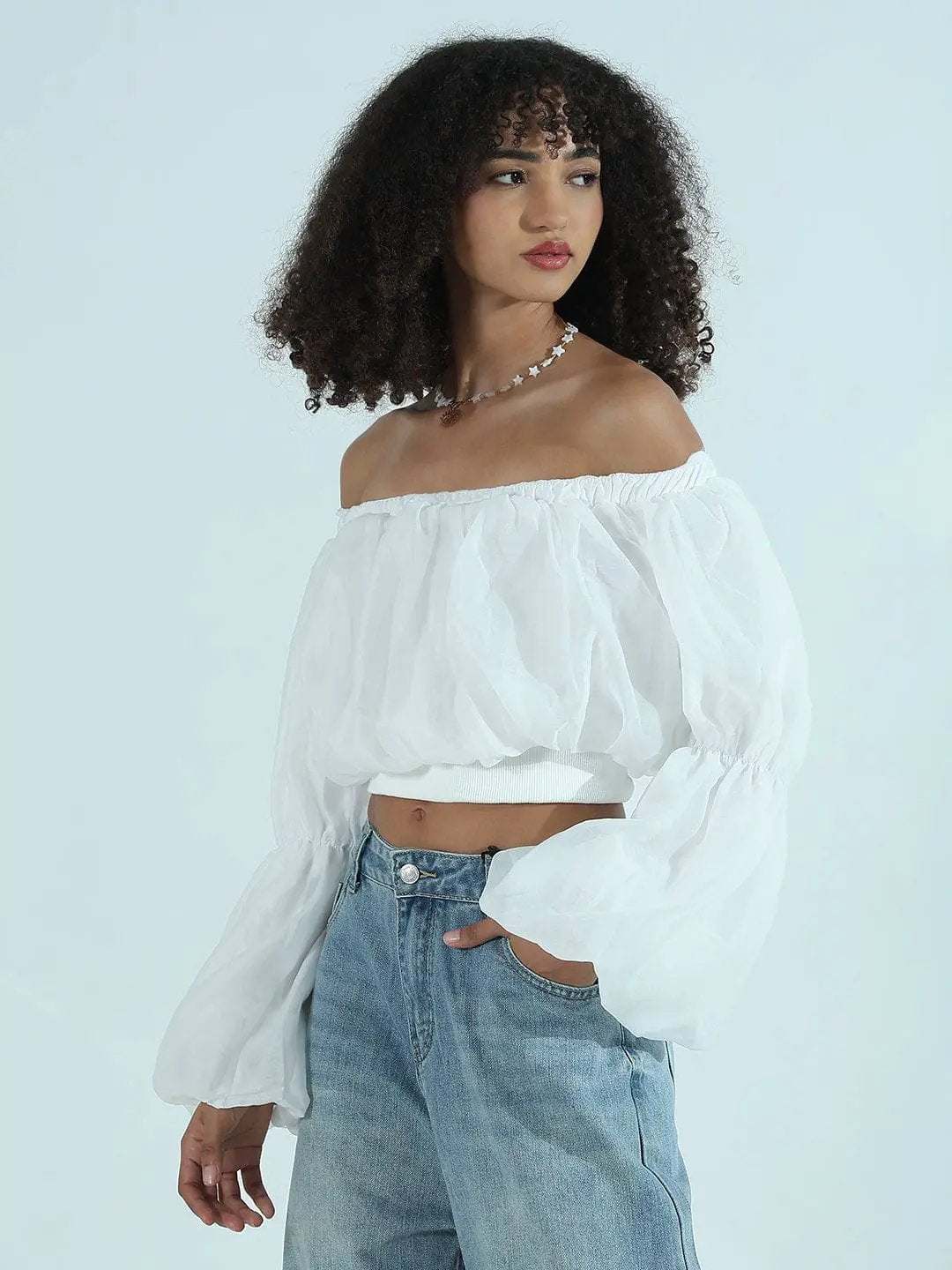Women's White Off-Shoulder Balloon Crop Top