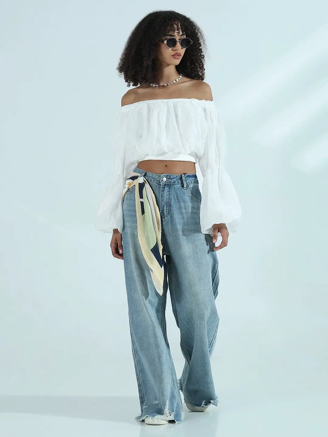 Women's White Off-Shoulder Balloon Crop Top