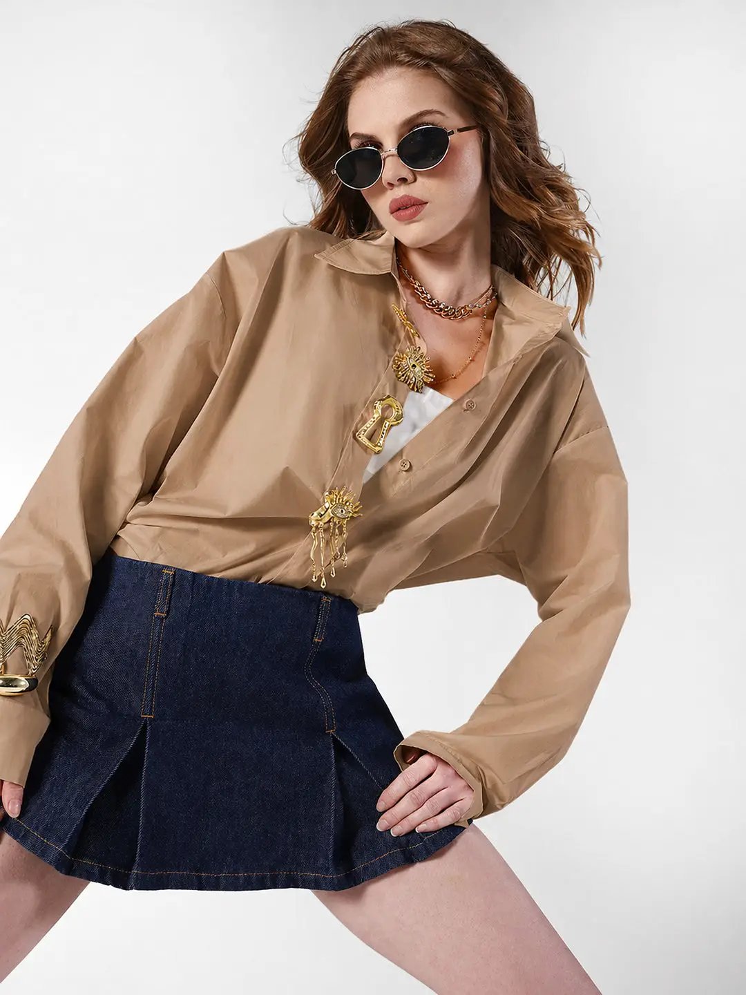 Women's Beige Shirt with Embellished Button Detail