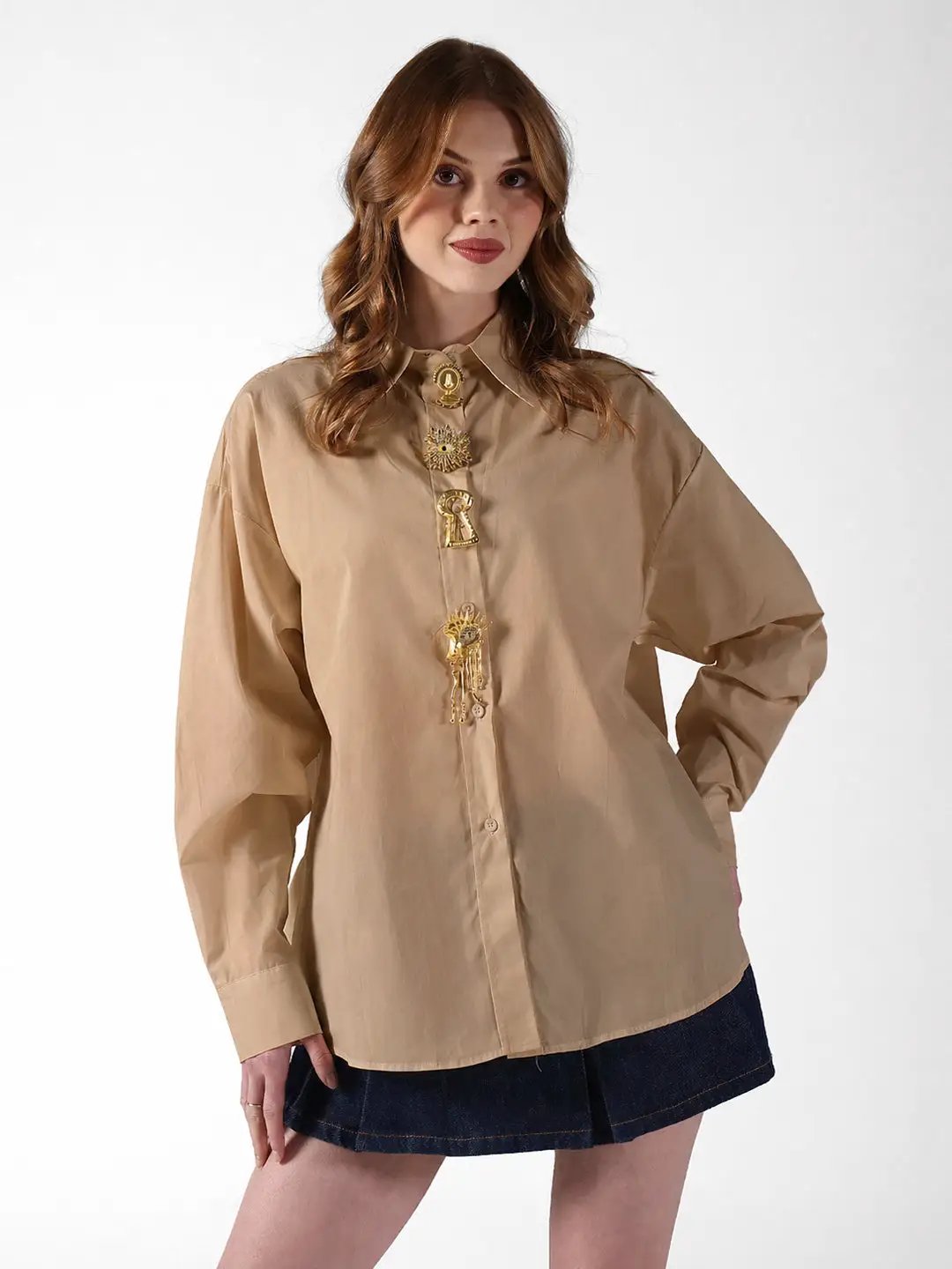 Women's Beige Shirt with Embellished Button Detail