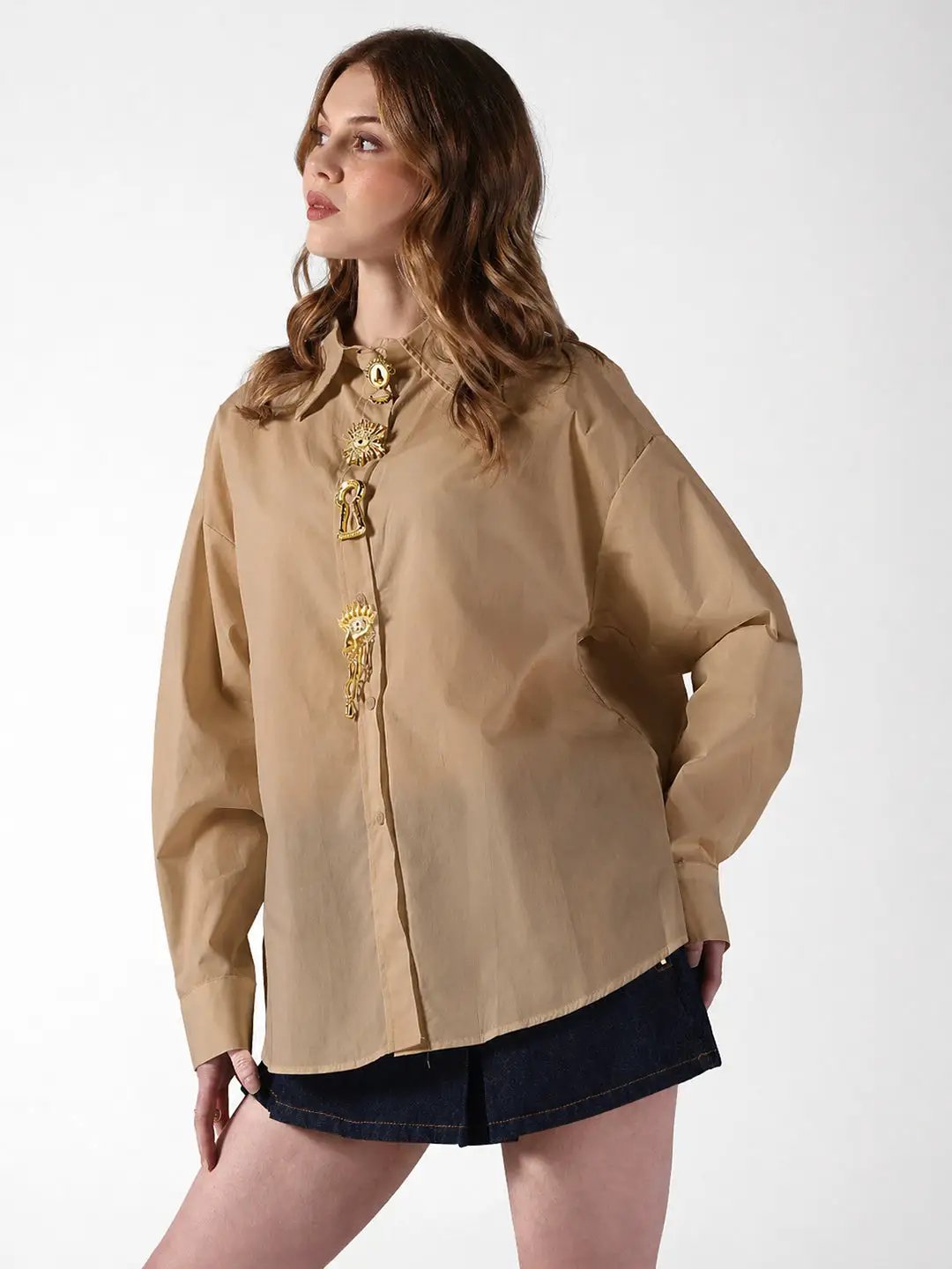 Women's Beige Shirt with Embellished Button Detail
