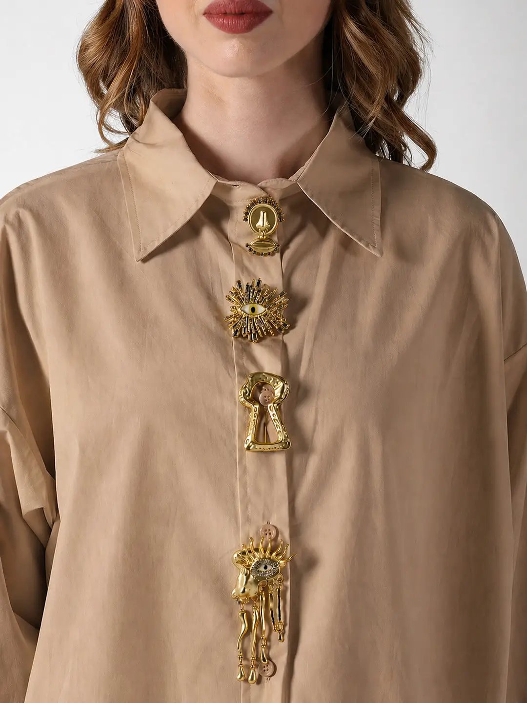 Women's Beige Shirt with Embellished Button Detail