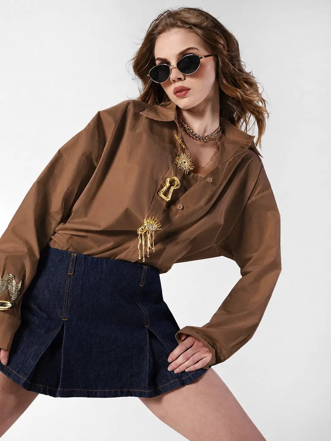 Women's Brown Shirt with Embellished Button Detail