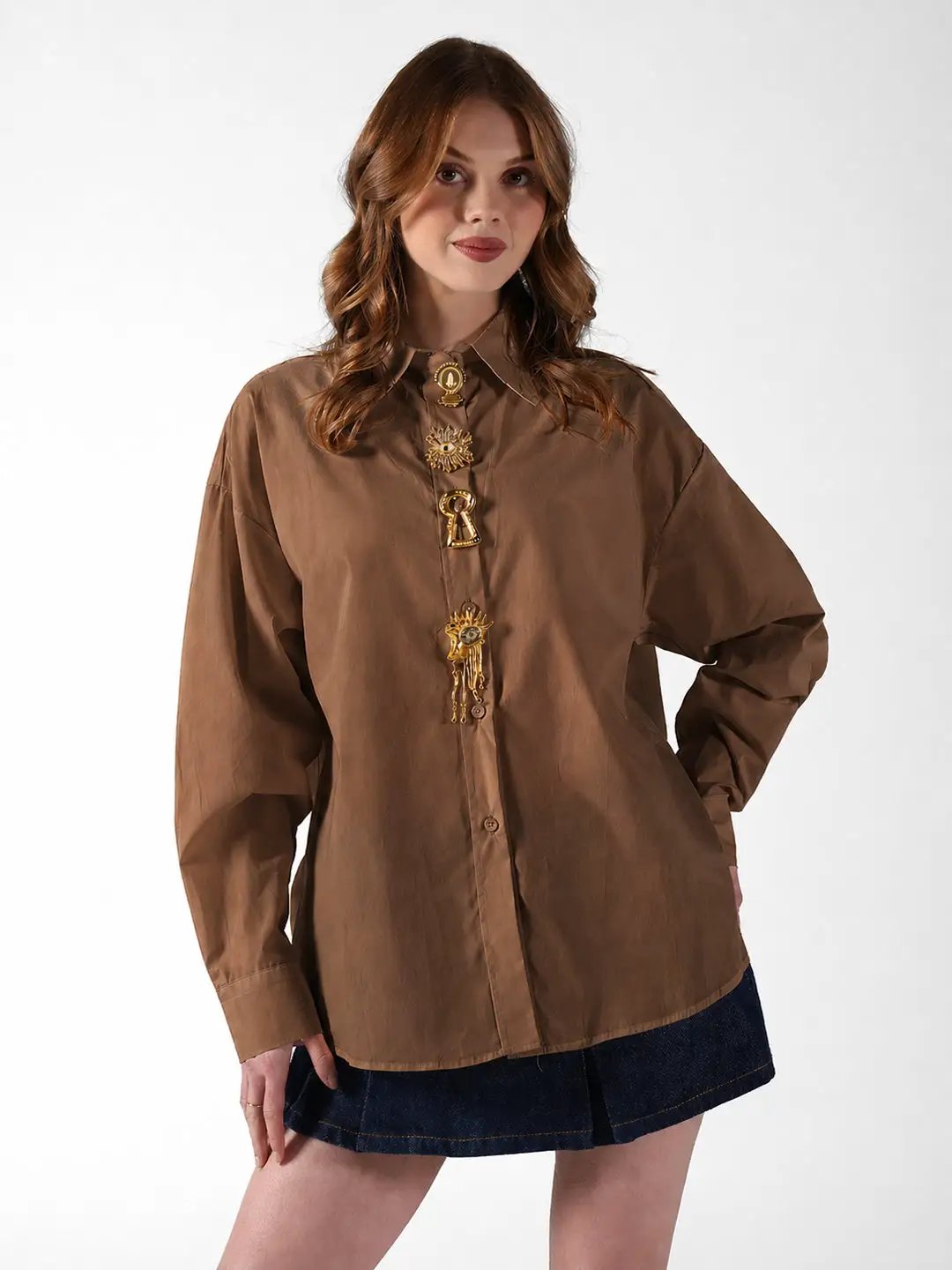 Women's Brown Shirt with Embellished Button Detail