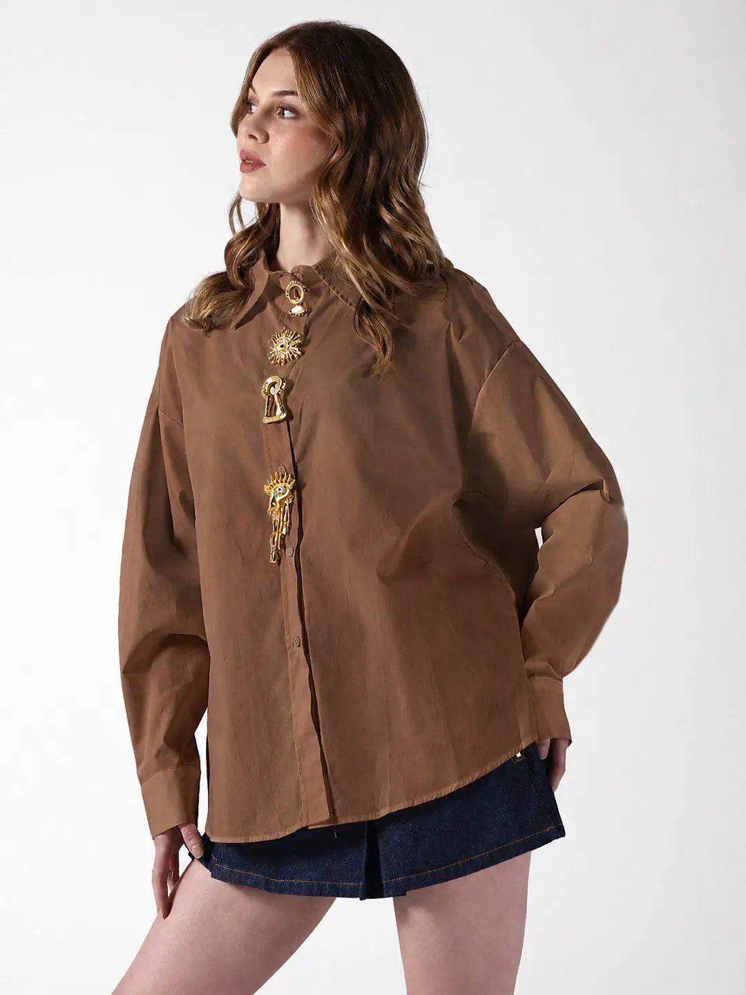 Women's Brown Shirt with Embellished Button Detail