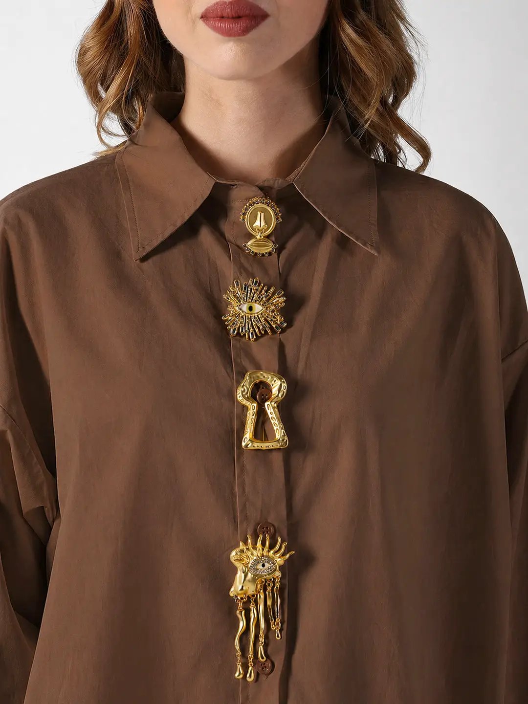 Women's Brown Shirt with Embellished Button Detail