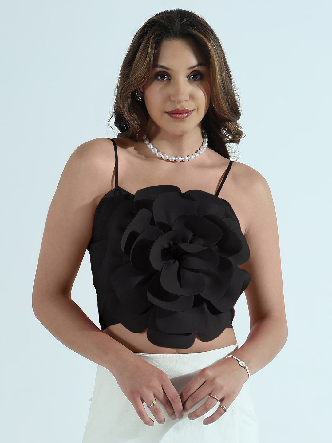 Women's Black 3D Flower Crop Top