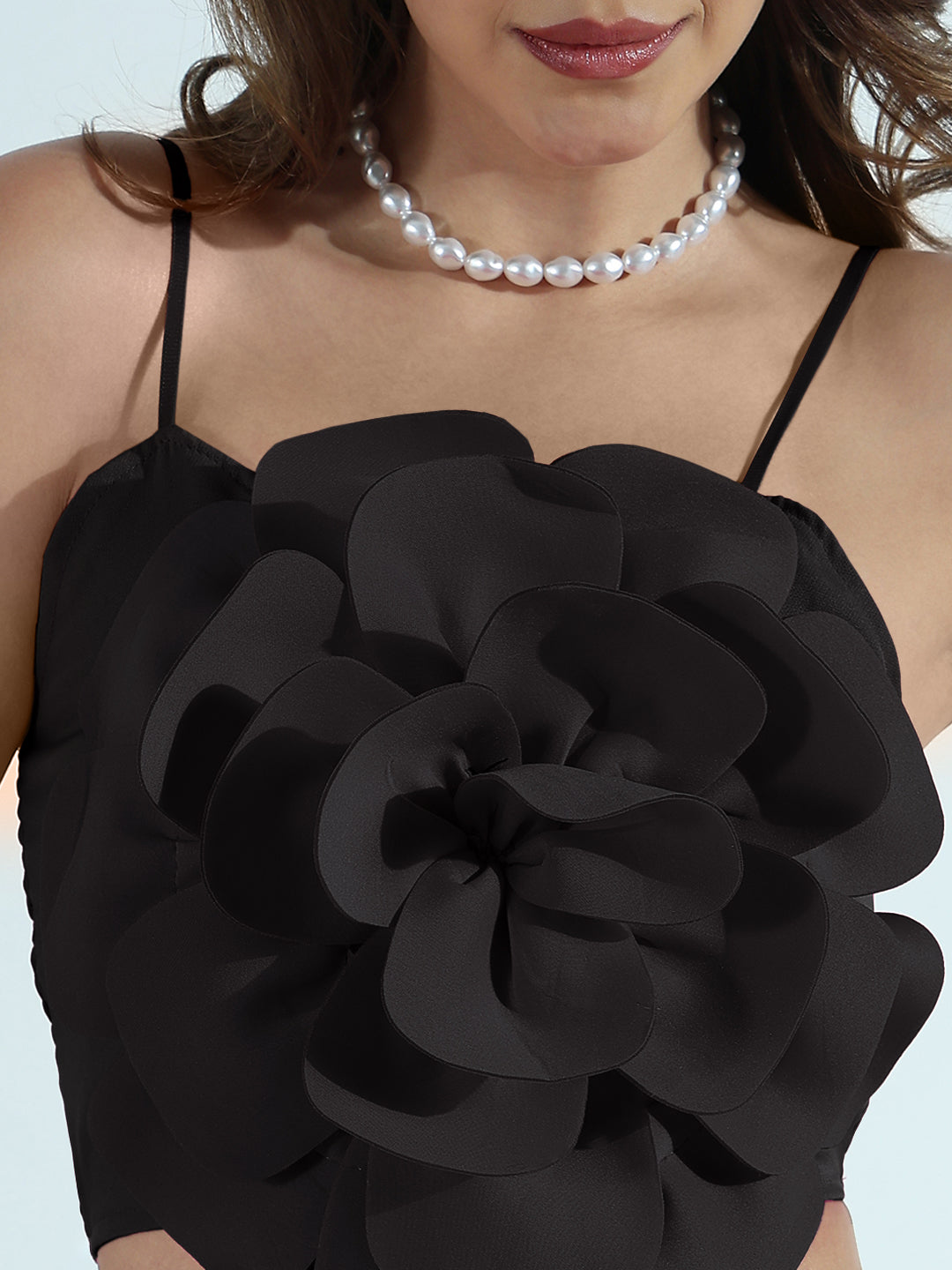 Women's Black 3D Flower Crop Top