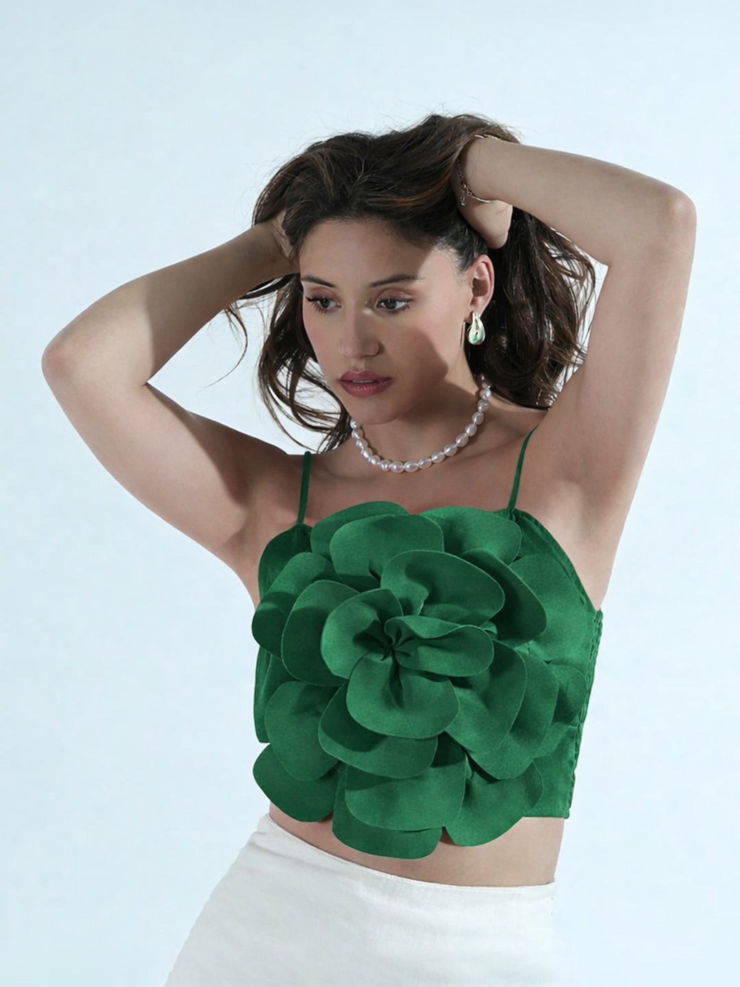 Women's Green 3D Flower Crop Top