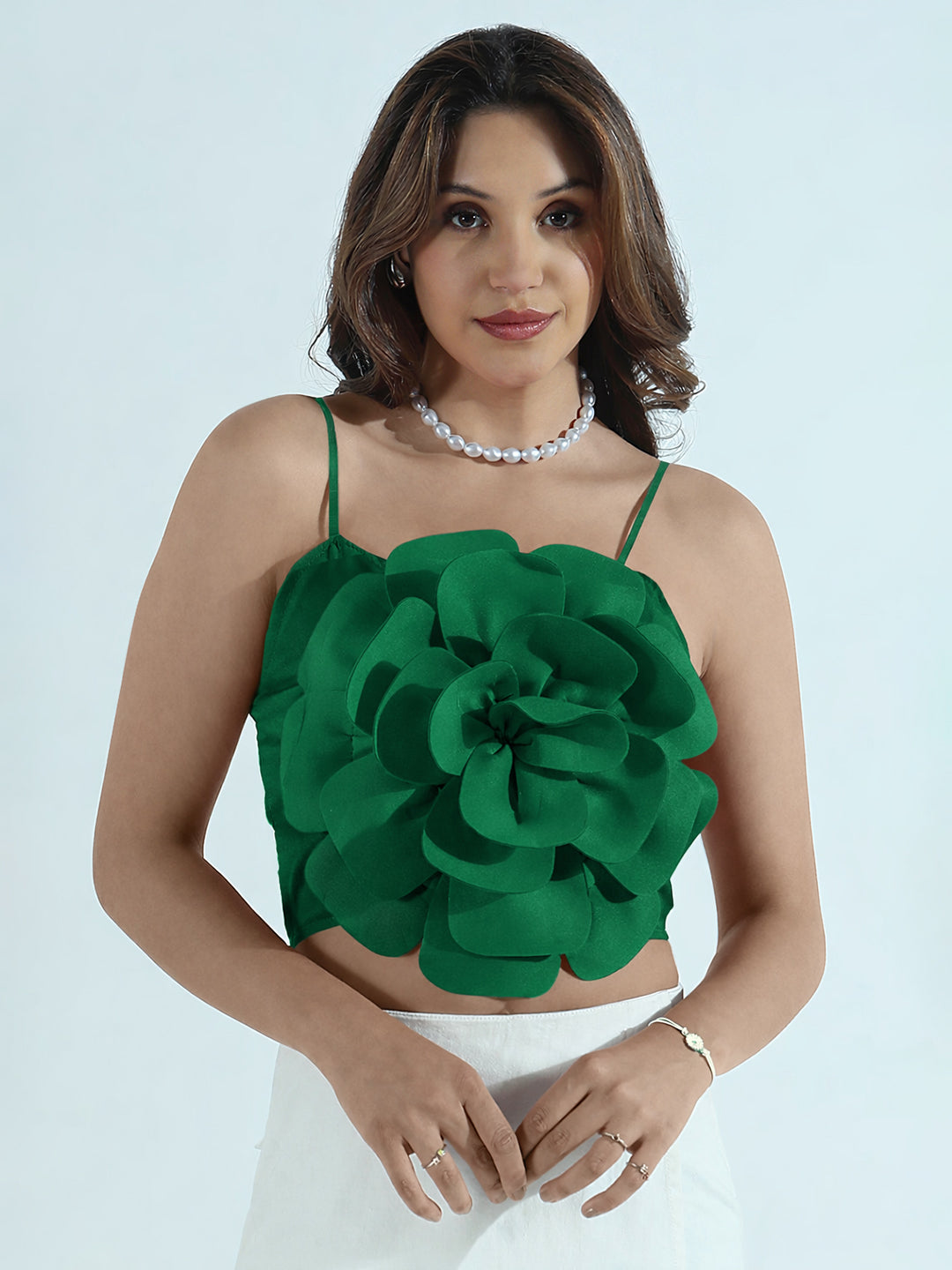 Women's Green 3D Flower Crop Top