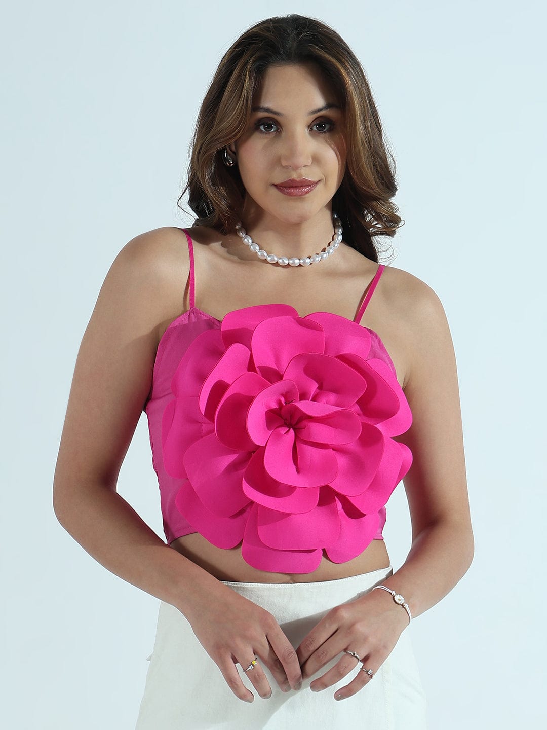 Women's Pink 3D Flower Crop Top