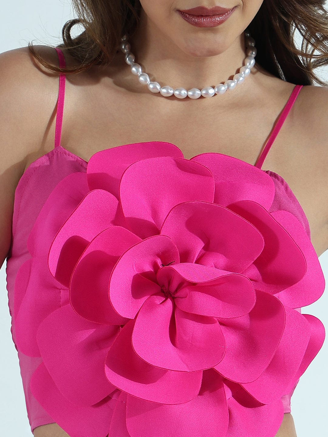 Women's Pink 3D Flower Crop Top