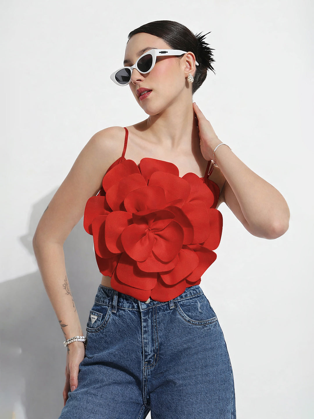 Women's Red 3D Flower Crop Top