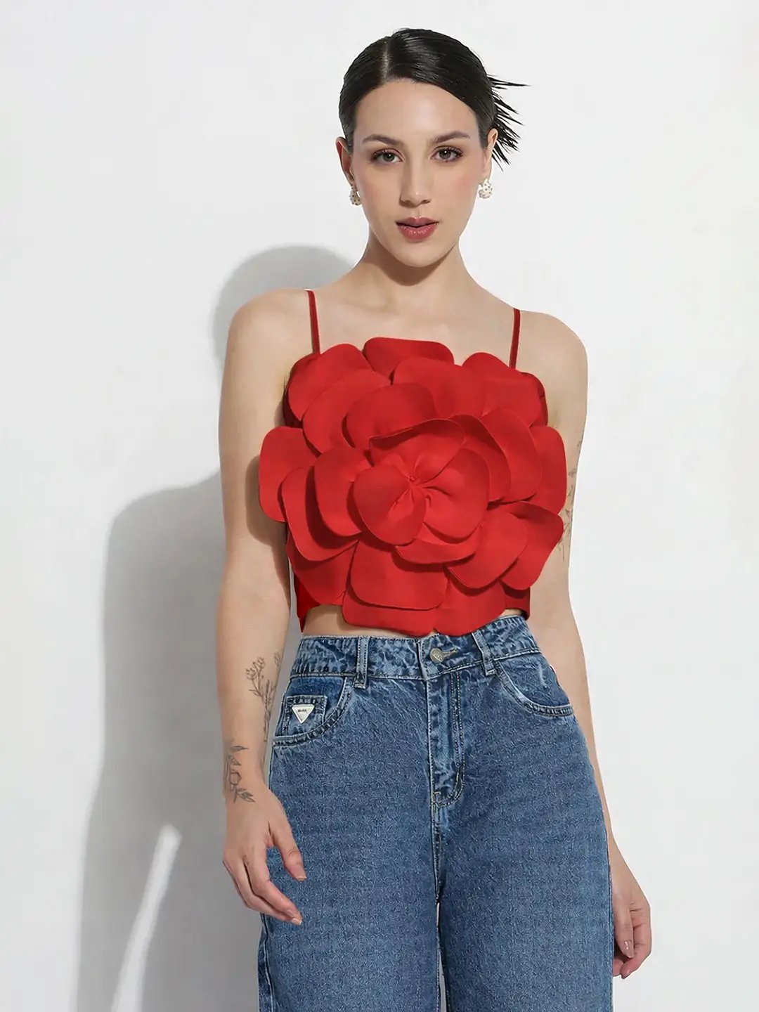 Women's Red 3D Flower Crop Top | SHOWOFFFF