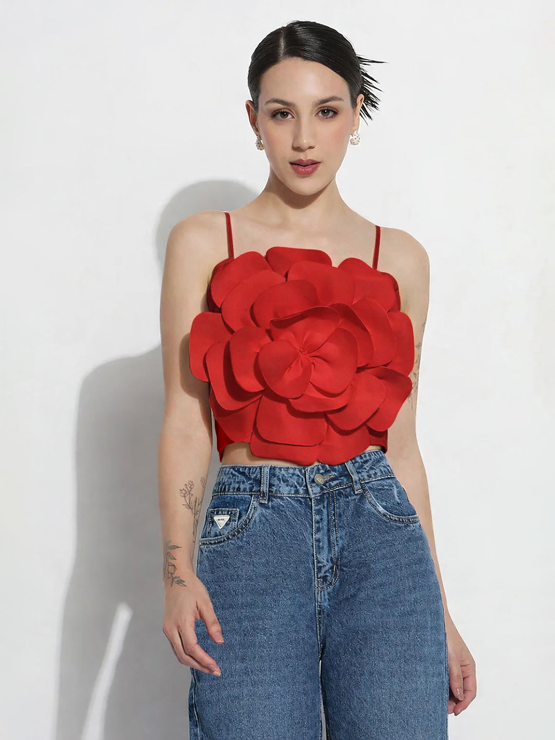 Women's Red 3D Flower Crop Top